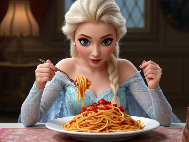 Elsa esnoult mange des spaghetti