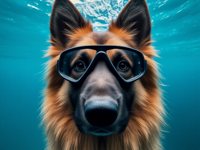 Long haired German shepherd freediving goggles