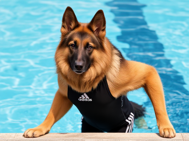 A tall anthropomorphic long haired German shepherd wearing an adidas swimsuit and swimming goggles stretching before a swim
