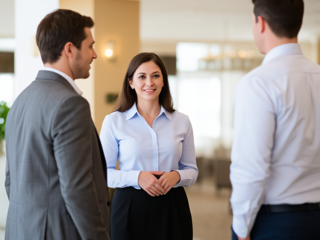 Brunette female wearing a light blue shirt and black dress skirt meeting a man in a hotel lobby