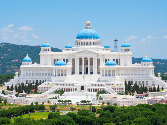 Un temple gigantesque en pierre blanche éclatante, avec un toit de couleur bleue vif. Le ciel est clair, lumineux et éclatant.

Le temple est composé de plusieurs structures reliées autour d’un même point, rappelant l’architecture grecque classique pour les bases (colonnes, soubassements), mais en beaucoup plus complexe et riche : des dômes, des flèches, des toits sculptés, des fenêtres taillées dans la pierre, énormément de détails, de reliefs, et de sculptures minutieuses intégrées partout. Aucune façade n’est lisse : tout est travaillé, orné et sculpté. Les motifs architecturaux se répètent harmonieusement sur l’ensemble.

L’ensemble donne l’impression d’une immense sculpture de pierre vivante.

Ce n’est pas qu’un temple : c’est une véritable ville-temple. Autour de la structure principale, de nombreuses maisons et bâtiments ont été construits, dans exactement le même style éclatant, mais en plus petit, formant des rues, des places, et des cours intérieures.

Le temple-ville est situé au milieu d’une vaste forêt luxuriante et de prairies verdoyantes.