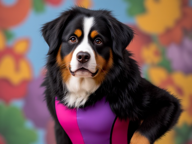 Anthropomorphic Bernese mountain dog wearing a colorful, sleek leotard, standing confidently with a lively background, detailed fur texture, expressive eyes