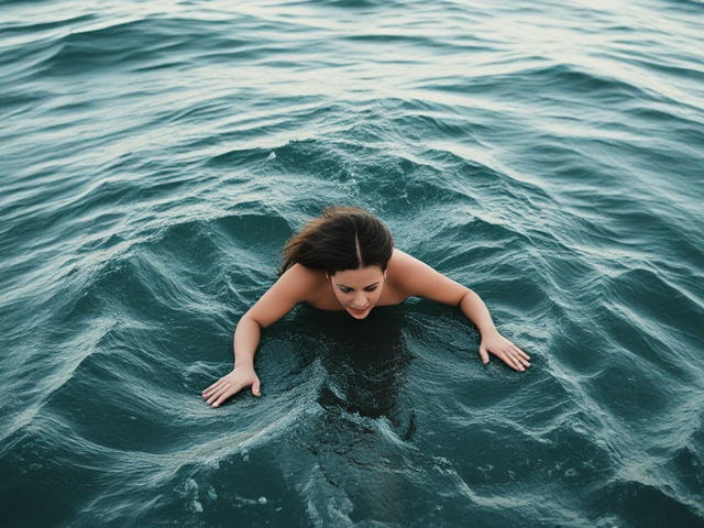 Woman crawling out the ocean