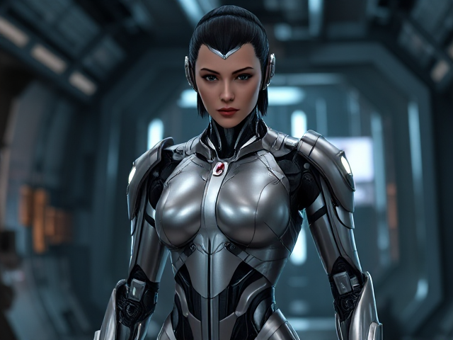 Futuristic female robot with sleek metallic design, glowing elements, and advanced circuitry, standing in a high-tech environment, Nyssa of Traken
