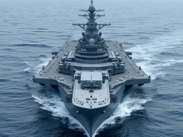 Create an image of an enormous battleship, dwarfing the Iowa class, with a displacement of around 200,000 imperial tons. The ship features six main turrets: three elevated in front of a 3D trapezoid-shaped bridge and three behind it, with the rear turrets arranged so the highest is closest to the bridge. The bridge has a sleek, wedge-shaped front that is much taller than it is wide, and a steeply angled back. There’s a single row of windows extending across the front wedge, positioned slightly above the fourth step, and various radar arrays and antennas on top. The secondary battery includes layered 10-inch, 8-inch, and 6-inch turrets on three steps, with rotary cannon turrets for smaller calibers arranged on half-steps. Anti-air guns are on the fourth step and scattered around the main turrets on the main deck. The image should maintain a somewhat realistic look, despite the outlandish concept.