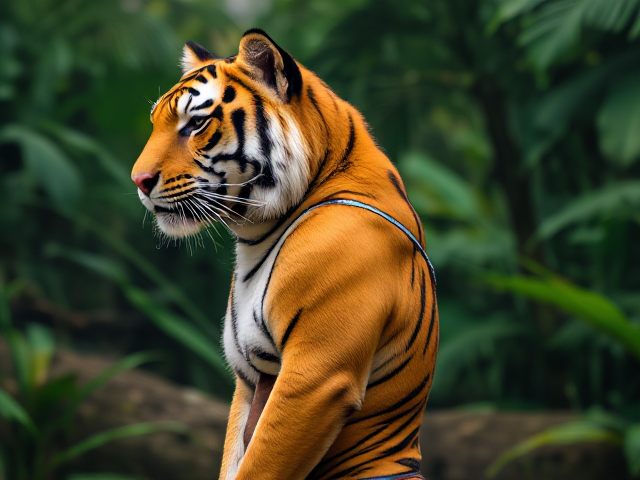 Tiger wearing a stylish swimsuit, jungle background, vibrant colors, realistic details