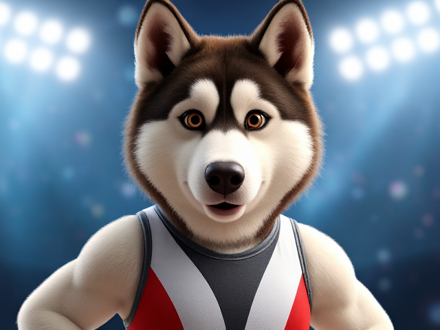 A Alaskan malamute Olympic gymnast with broad shoulders wearing a leotard
