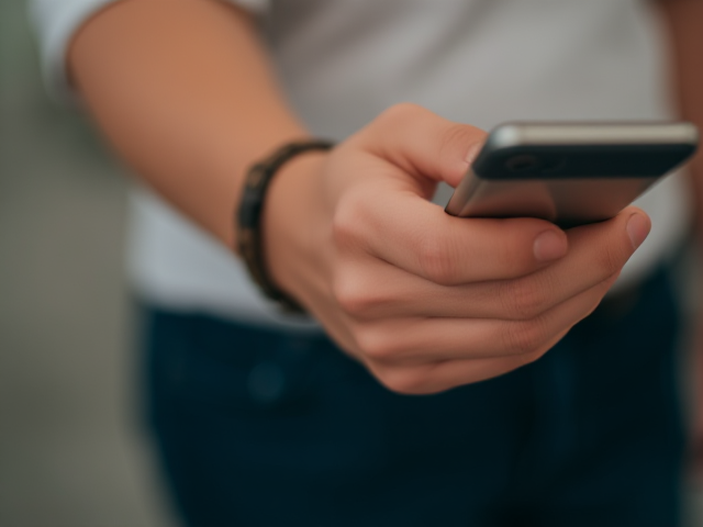 Close up and an arm and hand holding a phone