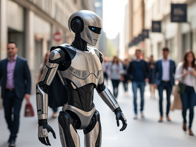 A lifelike humanoid robot walking in a busy modern city street in daylight, pedestrians blurred in the background, robot made of polished metal and carbon fiber, soft natural shadows, realistic photography style.