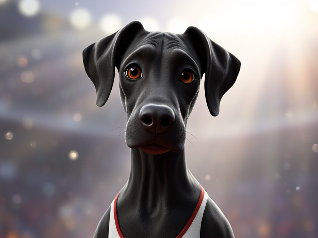 A anthropomorphic Great Dane Olympic gymnast wearing a leotard