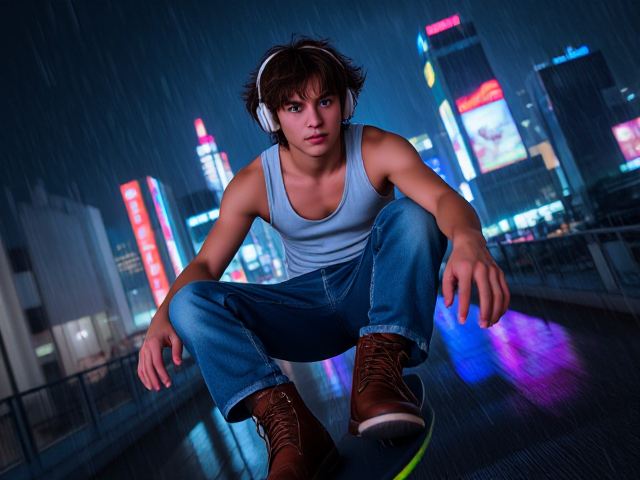 Sceencap of a Maori, European, 18 year old male, fit bodytyoe, with greyish blue eyes, mid-length shaggy layered curly hair, with curly brown fringe covering forehead, silver eyebrow piercing, silver earring on left ear, slightly visible mustache  wearing a cyber tank top, blue baggy jeans, and brown cyber boots., with white cyber headphones on wide angle, full body portrait, riding cyber hoverboard