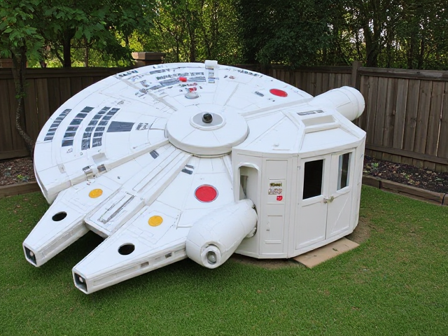 Plastic Millenium Falcon replica playhouse in backyard that is half the size of the house