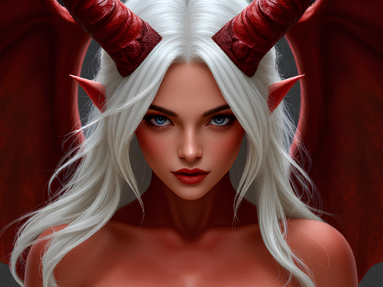 White hair, red skin and tailed naked demon woman who is beautiful.