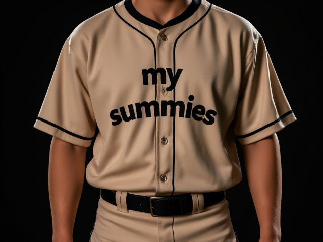 A beige baseball jersey with my mummies written across the front in black  with black around the neck and cuffs of the jersey with beige baseball pants with black a black stripe down the sides with a black belt