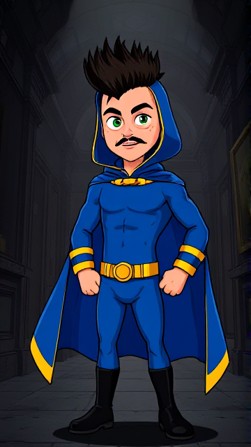 Dramatic Cartoon scene: A preteen 12-year old boy with light skin and freckles on his cheeks named Kyle Lipton, but transformed into a mysterious cosmic superhero named Dr. Dimensionpants, who, despite still being a kid, has an extremely muscular body. He wears a tight blue hood outlined by a yellow line that covers the back half of his head and leaves his ears exposed, with a smooth, slicked back black mohawk on top. He also wears a sleek blue bodysuit outlined with yellow lines on the cuffs of the sleeves and pants, a golden belt with a circular buckle, black boots, and a really big, heel-length long, ultra-wide blue cape with a really big collar outlined with yellow lines wreathed around his neck held up by a golden button. The pupils in his eyes are green, and he has a long black twin moustache, which help protect his true identity in this form. He also has incredible, invincible, and cosmic superpowers flowing through his veins. He is currently standing in a dark, abandoned museum at night, investigating the scene of the crime.