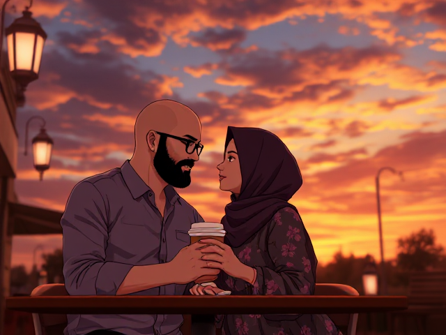 A romantic scene at an outdoor café during a vibrant sunset, featuring a bald young Muslim man with a bushy beard, wearing black-framed eyeglasses, snuggling his hijabi wife who is wearing a flowing, floral dress, while the man is dressed casually in a button-up shirt. They gaze into each other’s eyes, holding hands around a coffee cup. The sky is filled with dramatic, warm-toned clouds, and soft lanterns illuminate the scene, adding a cosy, intimate ambiance. The art style is anime inspired with a warm colour palette, capturing the soft lighting and detailed textures to convey a dreamy, romantic atmosphere.