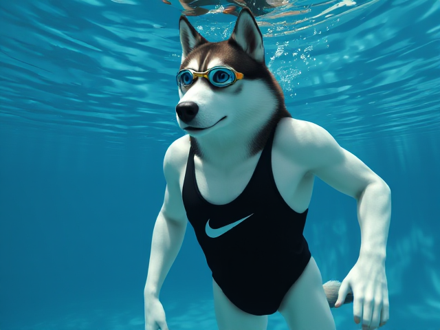 A tall and lean anthropomorphic Siberian husky with a long torso and broad shoulders, wearing a black Nike one piece swimsuit and swimming goggles, underwater