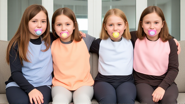 Quatre filles adolescentes aux cheveux lisses et dégagé et de différentes couleurs a l'avant assis dans un canapé avec des très grands bavoirs simple de différentes couleurs et des tétines en bouches elles sont en tee-shirts manches longues de différentes couleurs foncées que les Bavoirs et avec des pantalons elle se font un gros câlin et il y a une grande fenêtre derrière le canapé