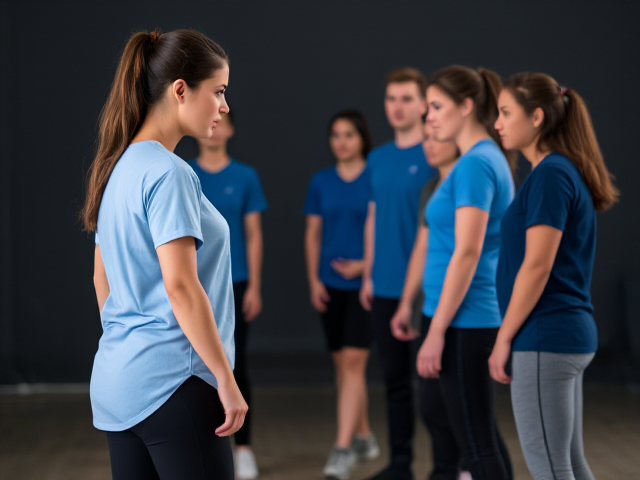 Brunette wearing a light blue t shirt that goes to her knees and black yoga pants facing a squad on her side