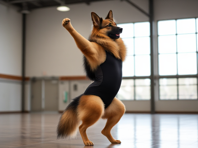 A anthropomorphic long haired German shepherd with large hips doing a back bridge wearing a gymnastics leotard in a gymnasium