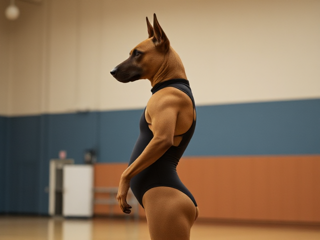 A anthropomorphic Belgian malinois with large hips wearing a gymnastics leotard in a gymnasium