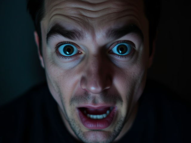 shocking eyes expression guy with mouth closed looking at the viwers directly with shocking eyes