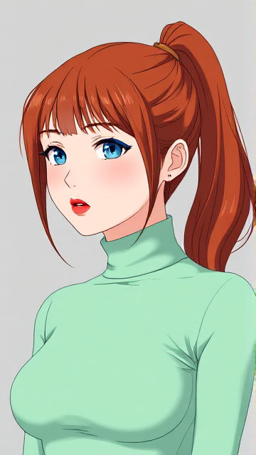 An anime-style medium shot of a girl with long, red hair tied back into a high ponytail. The lighting highlights the hair's rich, auburn tones. The girl is wearing a form-fitting, mint-green turtleneck sweater, which complements her fair skin. The material of the turtleneck is slightly shiny, suggesting a smooth, stretchy fabric. The makeup is striking, focusing on vivid blue eyeliner that accentuates her light-colored eyes. The vibrant orange-red lipstick contrasts elegantly with the makeup and outfit, drawing attention to the lips. The complexion is smooth and flawless, with a subtle, warm blush that enhances the natural contour of the cheeks. The background is a soft, neutral gray, which allows the warm colors of the subject to stand out prominently. The overall composition is balanced and harmonious, focusing mainly on the upper body of the subject, emphasizing elegance and modern style.