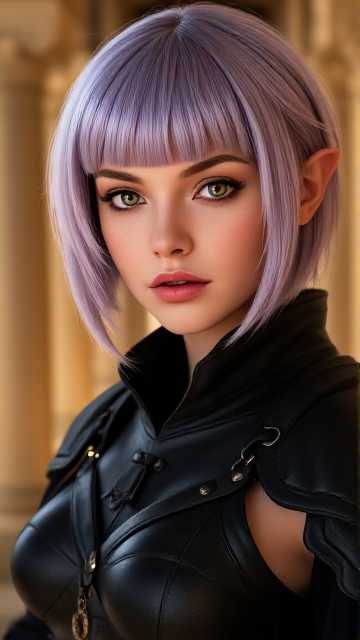 A close-up portrait of a beautiful female gnome character with sabrina, lavender hair, short hair and blunt bangs. She has a serious, determined expression with highly detailed and expressive eyes, delicate features, sensual lips, and flawless complexion. The character is wearing a fantasy black leather armor with long claws and long nails, appearing as a rogue or fighter. The scene is set in a fantasy environment, possibly inside stone chambers with beautifully adorned columns, creating an ethereal, dreamy and romantic atmosphere. The lighting is warm and glowing, with a soft focus and gentle breeze, giving the image a filmic, summer vibes aesthetic. The character's feminine posture and graceful movements are seamlessly integrated with the detailed background, resulting in a visually stunning and professional-quality artwork.
