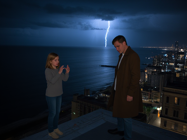 A petite 13-year-old girl with strawberry blonde hair, wearing a pullover and jeans, is standing on the roof ledge of a night club. Next to her on the roof, standing nearby is a modern-day, pale skinned vampire in his late twenties, with blonde hair, dressed in a brown trench coat and jeans. He appears uneasy as he looks at her. The girl gestures angrily at him, flailing her arms outwards and scowling at him. A thunderstorm approaches the cityscape from the sea shore. Set at night.