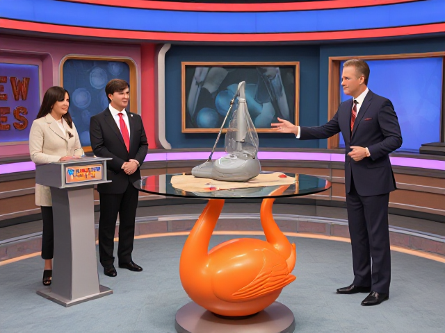 A game show studio with a host and two contestants. the contestants are standing at a small lectern and the host is to their right showing off the item on a table is a high table it is a glass top with a giant orange swan base, the glass is covered with a short vintage table cloth with a vacuum cleaner sitting on top. the studio set is decorated with a retro 70's and 80's aesthetic, colorful retro.