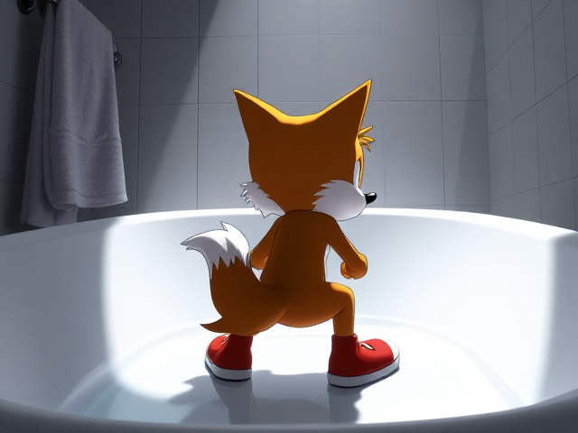 Tails the two tailed Fox standing in a squatting position in a bath tub, bracing himself for a big poop! SEGA Video Game