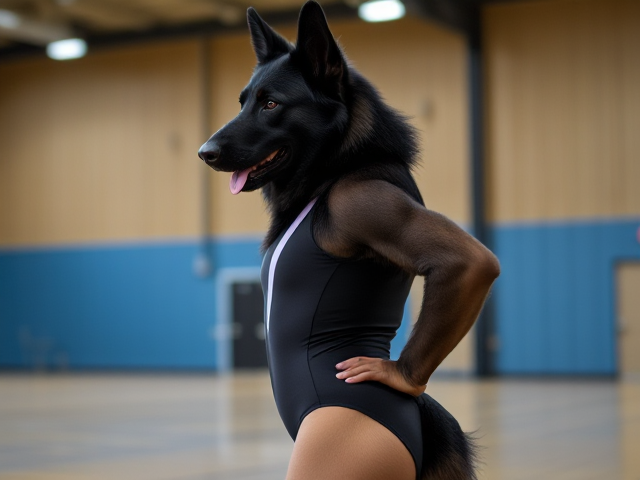 Anthropomorphic black German shepherd wearing a gymnastics leotard, posing with emphasis on its hips in a gymnasium setting, detailed and vibrant colors