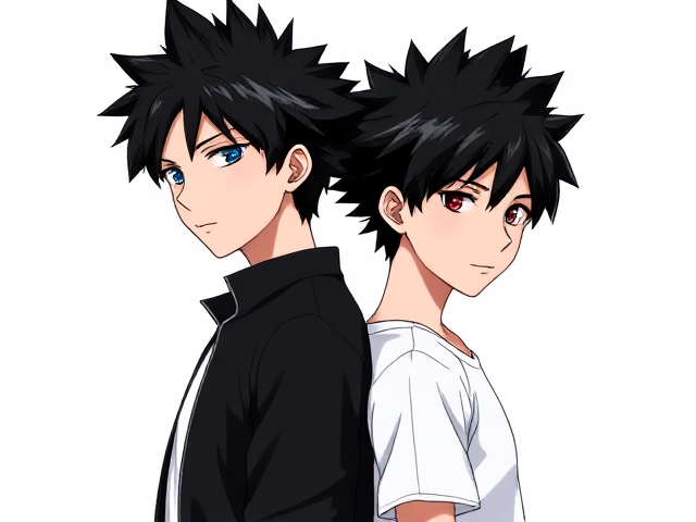 My hero academia inspired styled OC. Black spikey hair. Around 14. Wears a white T-shirt with a black jacket. 3/4 view like he's standing back to back.