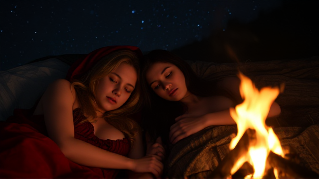 Two young women are resting in a medieval dark ages setting under a starry night sky. The first woman, with alluring blonde hair, is wearing a seductive red hooded cape that reveals her figure as she sleeps peacefully. Beside her, an enchanting woman with long, flowing black hair gazes into the fire. They are both comfortably nestled next to a small, flickering campfire that casts soft, dancing shadows around them, enhancing the tranquil ambiance of this serene scene