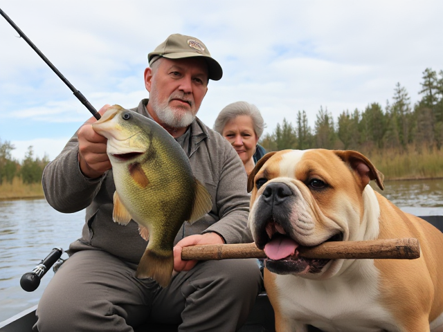 Give me a photo with a grandpa holding a bass fish on a fishing rod looking at the river with a older woman near him with a American bulldog with a big stick in his mouth