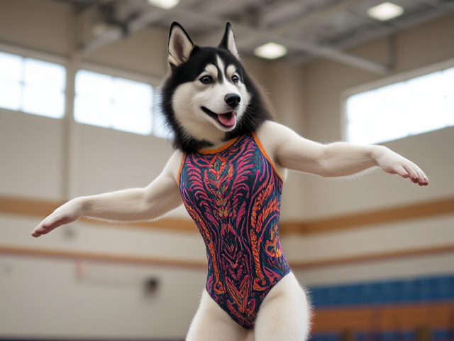 Anthropomorphic Siberian husky wearing a colorful gymnastics leotard, performing in a well-lit gymnasium, dynamic pose, detailed fur and fabric textures