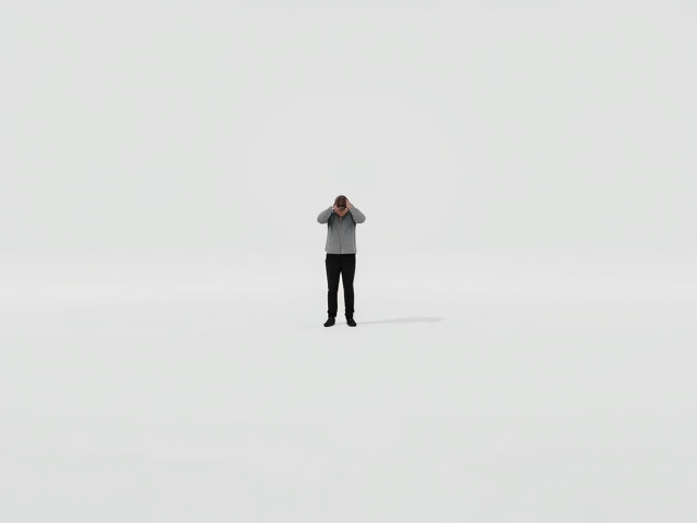 A solitary figure standing in the middle of a vast, empty white room, with their shadow stretching behind them. The figure is slightly hunched, clutching their head, conveying a sense of anxiety and isolation. The background is minimalistic, stark and devoid of any distractions, enhancing the feeling of emptiness. The style is hyper-realistic with intricate detailing on the figure's expression and posture. Soft, diffused lighting casts gentle shadows, emphasizing the minimalistic aesthetic. Camera positioned at eye level for an intimate perspective.