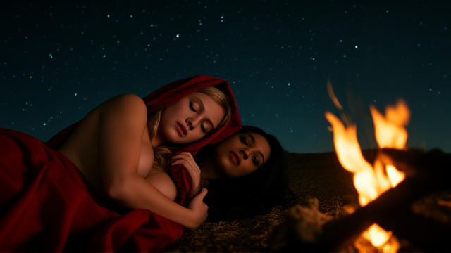 Set in the medieval dark ages, under a starry night sky. Two young women are depicted: one is a blonde with a seductive appearance, draped in a red hooded cape that leaves little to the imagination, peacefully asleep. Beside her lies an alluring woman with long, flowing black hair. They are both cozily positioned next to a small, flickering campfire that casts gentle shadows around them