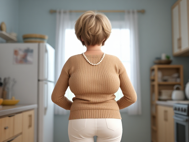 a woman of 50. she is wearing a pearl necklace. she is wearing an open tight beige sweater with tight white pants. she has enormous breasts. she is doing housework.