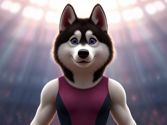 A Alaskan malamute Olympic gymnast with broad shoulders wearing a leotard