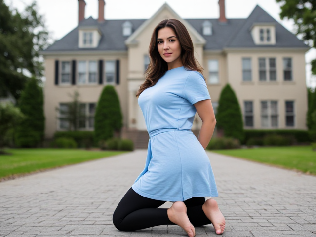 Brunette wearing a light blue t shirt skirt. She also is with black leggings. She is on her knees outside a mansion with her hands behind her back