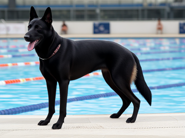 A female anthropomorphic black German shepherd Olympic swimmer with broad shoulders and a long torso wearing a one piece swimsuit standing on the pool deck