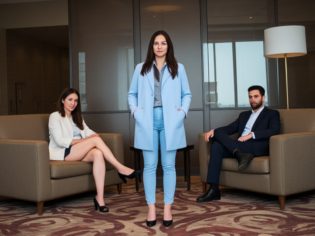 Brunette wearing a light blue coat and light blue jeans alone in a hotel meeting on couches  with a strange businessman