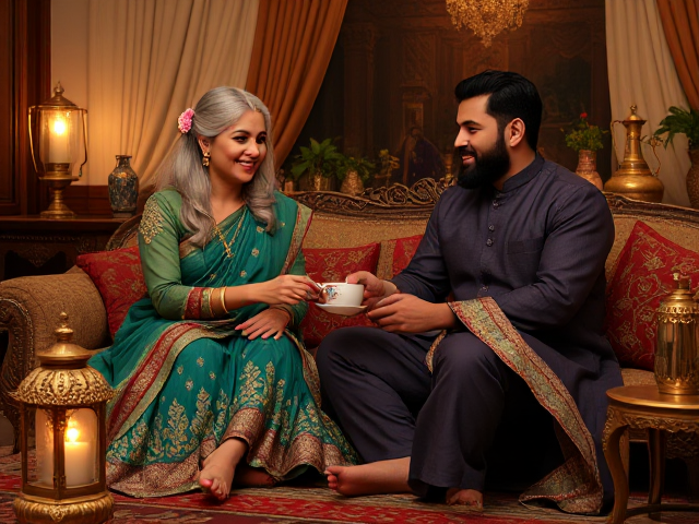 Generate a detailed, artistic illustration of a multigenerational Indian family in a warm, intimate setting. The scene should feature three individuals: a mature sexy woman in her 55s with silver hair and graceful posture, her daughter in her 35s with long flowing hair adorned with jasmine flowers, and her son-in-law with a well-groomed beard and gentle expression. They are dressed in elegant, traditional Muslim attire—think flowing, intricately embroidered kurtas for the women with vibrant colors like emerald green and royal blue, matching dupattas draped gracefully over their shoulders, and salwar kameez for the man with gold accents. Focus on rich fabrics such as silk and velvet, and intricate cultural motifs including paisley patterns and delicate handwork embroidery. The setting should be cozy and inviting, perhaps a softly lit room filled with warm tones from lanterns casting a golden glow, richly colored carpets underfoot, antique wooden furniture with detailed carvings, ornate brass lamps on tables, and embroidered cushions in deep reds and blues scattered around. The mood should be serene and affectionate; the family members are seated close together on an ornate sofa or large floor cushions sharing laughter or stories over tea served in traditional ceramic cups. Emphasize strong family bonds and cultural heritage through expressions of love and contentment on their faces. Avoid any explicit or inappropriate content; focus on elegance, warmth, respect, natural beauty without excessive makeup or modern accessories.