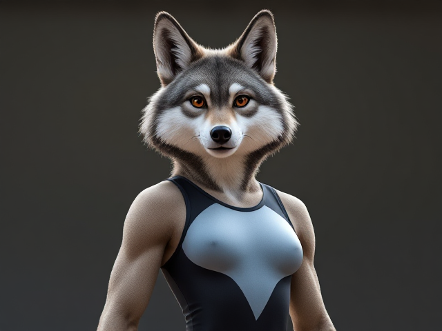 A anthropomorphic gray wolf Olympic gymnast wearing a leotard
