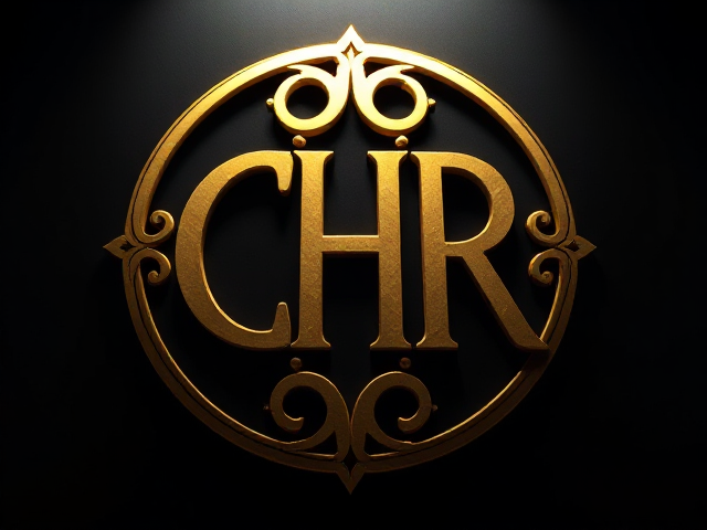 Logo doré, symbole, lettres CHR entrelacées dans un symbole élégant sur fond noir