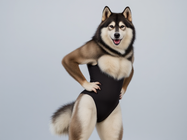 Anthropomorphic Alaskan malamute strong hips high-cut leotard