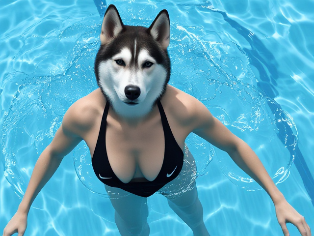A tall anthropomorphic Siberian husky with a long torso and broad shoulders, wearing a high cut Nike one piece swimsuit while swimming in a Olympic sized pool