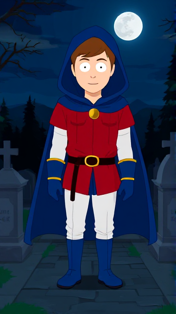 Dramatic Cartoon scene: Clyde Donovan from South Park, light skin and brown hair, but as a 14-Year Old teenager, dressed as a medieval prince, wearing a red shirt with white sleeves, a black belt with a gold buckle, white pants, blue boots, blue long-cuffed gloves, and wreathed in a really big, heel-length long, ultra-wide blue hooded cape around his neck held up by a golden button. He is now known as Prince Donovan. Despite still being a teen-age kid, he is the Youngest Ruler of South Park, Colorado, but now reborn as the real life Kingdom of Kupa Keep, Zaron, and Prince Donovan is its youngest and greatest hero. The young teen-age prince of Kupa Keep is currently standing in a graveyard at night, visiting the grave of his deceased mother, paying his respects while he wishes she could have seen the prince he has become.