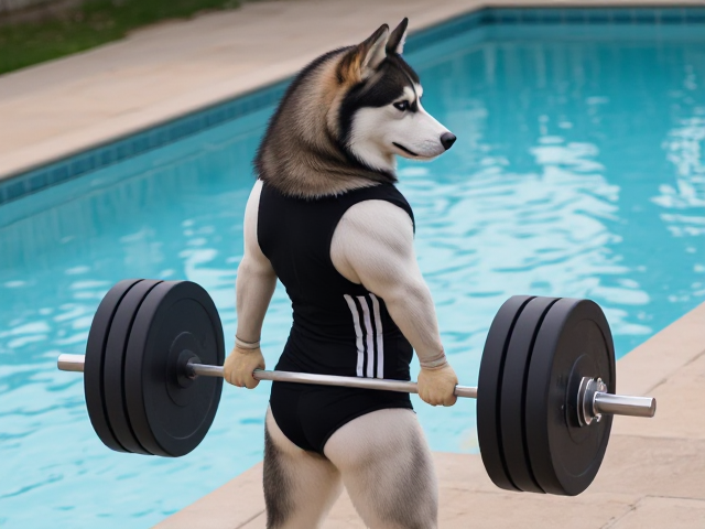 A anthropomorphic Siberian husky wearing an adidas swimsuit deadlifting a barbell on a pool deck